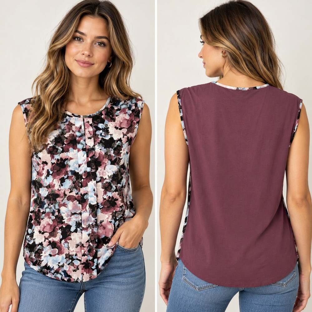 Ann Taylor XS Floral Sleeveless Blouse Burgundy Mauve Pleated Career Top